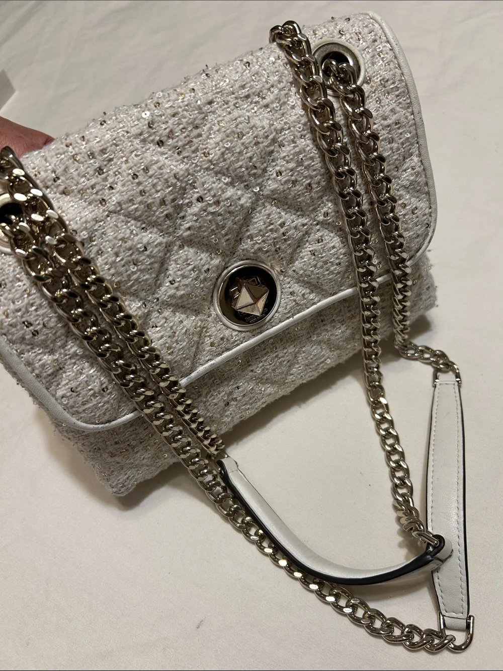 kate spade Cream Quilted Tweed Crossbody with Silver Chain